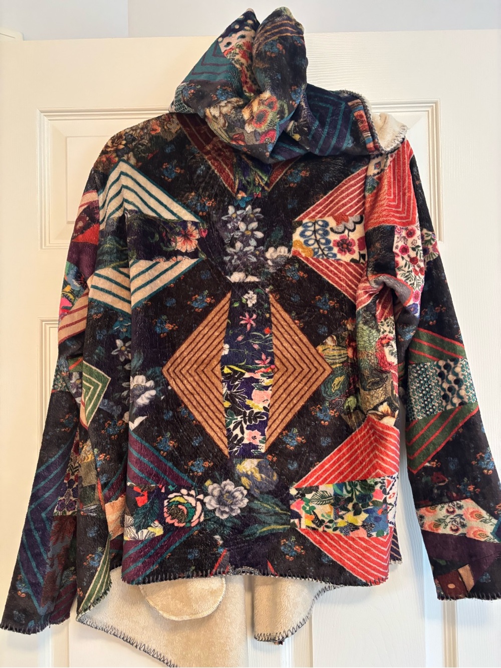 Johnny Was Cream Hooded Patchwork Floral Draped Cardigan - Picture 6 of 10